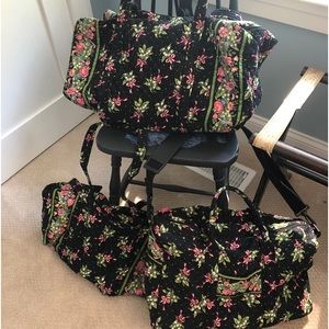 Vera Bradley 3 piece travel set. Black with green and pink print. Excellent set